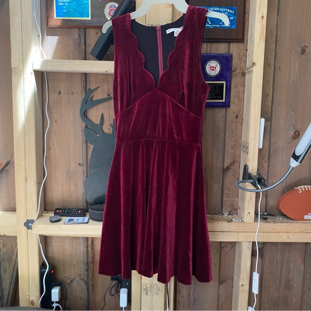 V-neck scalloped maroon velour dress